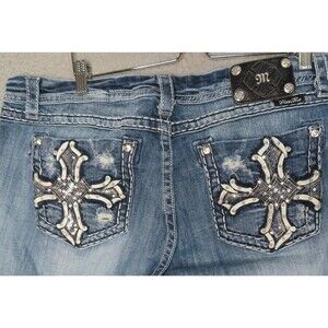 Miss Me Jeans 36 Blue Distressed Easy Capri Embellished Cross Pockets Western